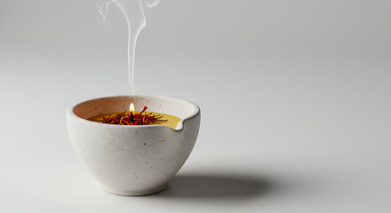 Gourmet Saffron Infusion Process in White Porcelain Bowl with Delicate Smoke Rising for Culinary Use Natural Herbal Medicine and Traditional Health Ritual Background Minimalist Food Photography