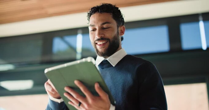 Business, man and reading with tablet in office for research, proofreading and editor feedback. Below, male person and digital for editing article, draft update and information for story publication