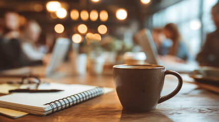 A coffee mug, notepad, and pen with coworkers using laptops