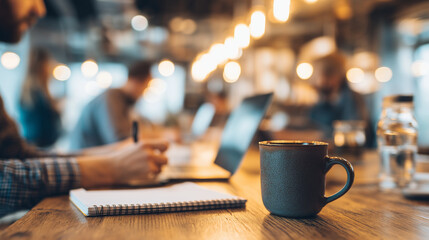 A coffee mug, notepad, and pen with coworkers using laptops