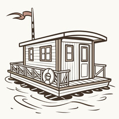 Houseboat with wooden deck and flag on water river