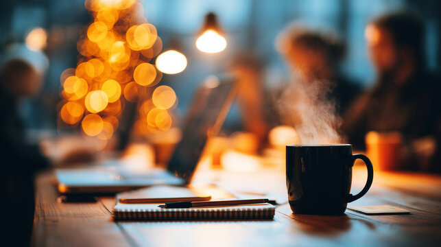 A coffee mug, notepad, and pen with coworkers using laptops