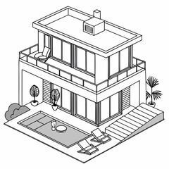 Isometric line art modern duplex house with pool building