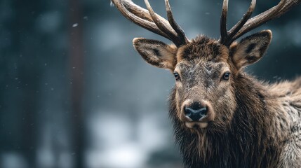 Fototapeta premium Majestic Elk Portrait in a serene winter landscape, close up shot