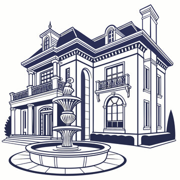 elegant mansion with fountain line art clip art preview