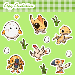 Funny cartoon evolution of a chicken — starting from an egg, prehistoric flying creature, and ending as a modern chicken. Adorable kawaii-style sticker set illustrating the transformation.