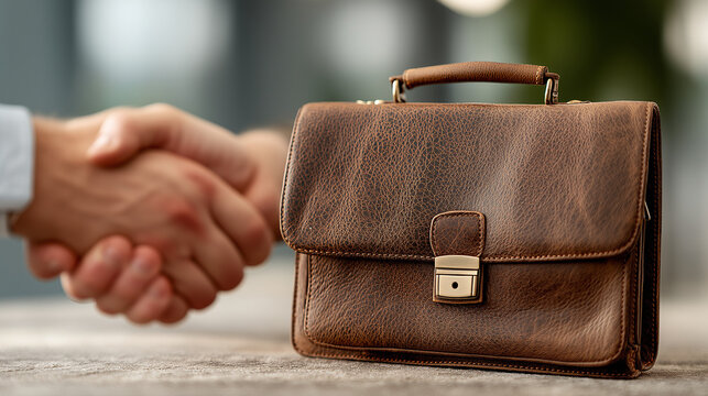 A contract, briefcase, and pen with a handshake deal between two business partners