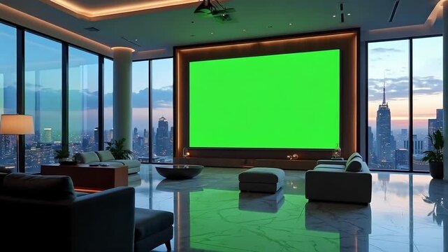 Luxurious modern living room with large green screen and city view at dusk