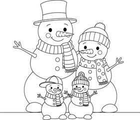 Adorable snowman family enjoying winter fun – a perfect festive illustration for your holiday projects and Christmas designs.
