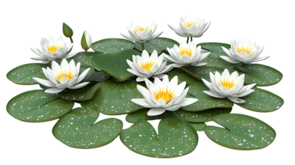 Realistic white water lilies with yellow centers on green pads