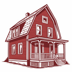 Red wooden house vector illustration with white trim