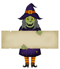 Halloween Cute Witch Holding Banner Cartoon illustration 
