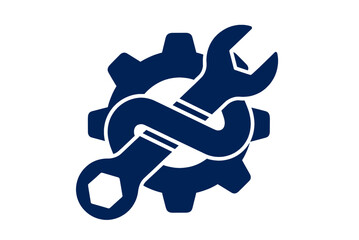 Fototapeta premium Minimalist blue graphic illustrating a gear and two intertwined wrenches, representing essential mechanical settings, system maintenance, technical support, and repair services
