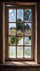 Fototapeta premium Broken Vintage Window with Outdoor Green View