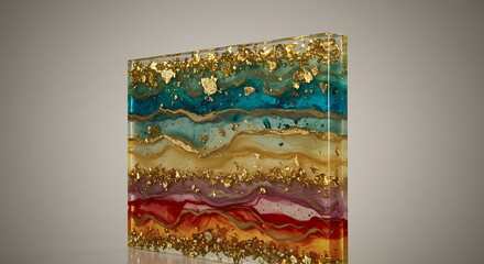 Vertical Abstract Resin Art Panel with Colorful Earthy Tones and Gold Foil Accents Modern Fluid Painting Style Home Decor and Art Gallery Exhibition Concept for Luxury Spaces