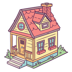 Small yellow cartoon house with red roof and chimney