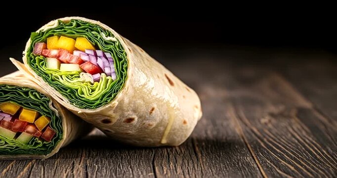 Fresh vegetable wraps with colorful ingredients on a rustic wooden table
