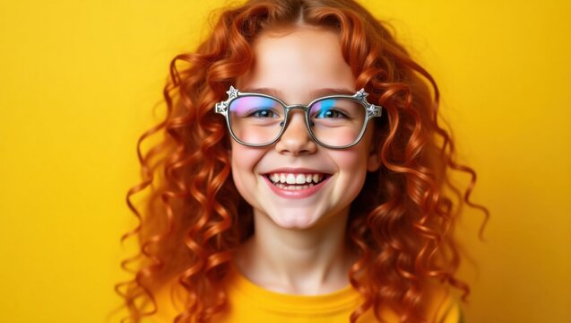Una chica joven, hermosa y sonriente con un vibrante cabello rojo rizado, que lleva elegantes gafas con forma de estrella