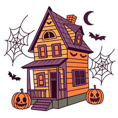 Spooky cartoon halloween house with pumpkins and bats