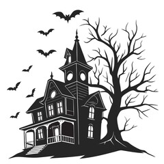 Spooky gothic haunted house with bats and bare tree vector 1