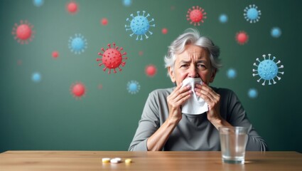 Persona mayor tosiendo con íconos de virus semitransparentes, fondo verde apagado, que representan infección respiratoria y precauciones de salud