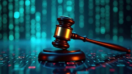 Mazo de neón brillante con detalles intrincados y un brillo metálico sobre un fondo digital lleno de códigos binarios en tiempo real