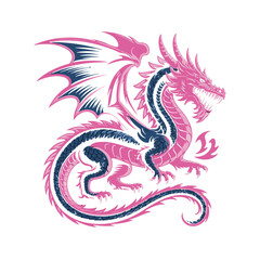 Fototapeta premium Pink and blue dragon mythical creature, fantasy animal with scales and wings. Powerful beast illustration for gaming or T-shirt Design.