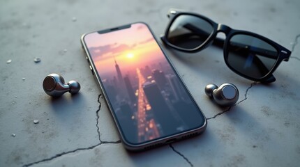 Maqueta minimalista de teléfono inteligente sobre fondo de hormigón con auriculares inalámbricos y gafas de sol, diseñada para imágenes de marca de estilo de vida moderno