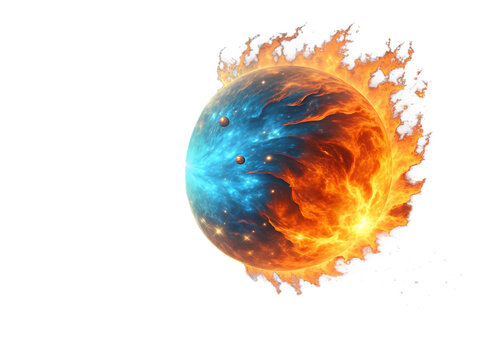 Burning blue and orange planet isolated on transparent background