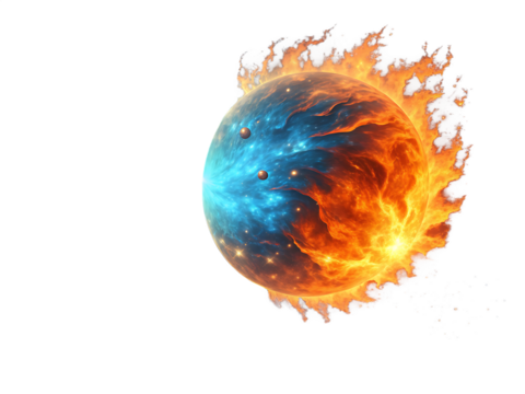 Burning blue and orange planet isolated on transparent background