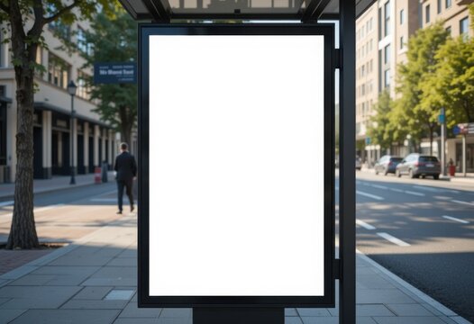 Maqueta de cartel de parada de autobús en blanco moderno, perspectiva en ángulo, acera de la ciudad, sombras sutiles, plantilla para exhibición de marketing al aire libre