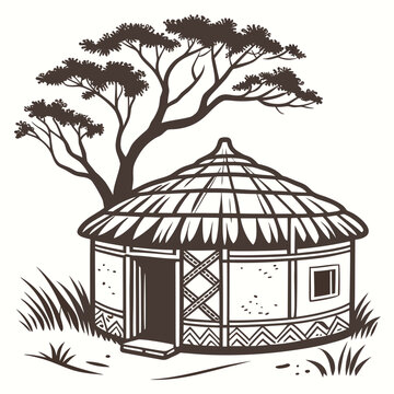 Traditional African round hut with thatched roof and acacia tree