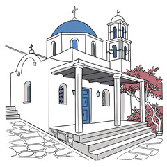 Traditional Greek Church With Blue Dome and Bell Tower 1