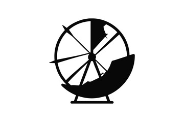A stylized black silhouette of a ferris wheel with a single gondola containing a person in silhouette against a white background