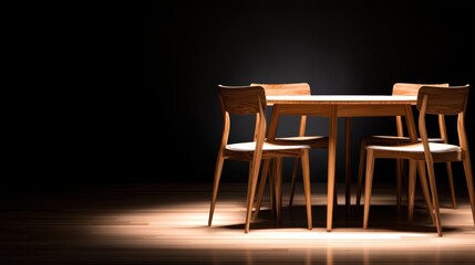 A minimalist wooden dining table surrounded by chairs, illuminated softly against a dark backdrop