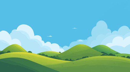 Obraz premium A vibrant and cheerful cartoon illustration featuring lush green hills under a bright blue sky dotted with soft, fluffy white clouds.