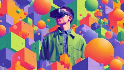 A figure wearing a virtual reality headset stands amidst a vibrant, abstract landscape filled with colorful geometric shapes and floating spheres, capturing the essence of immersive technology and - Powered by Adobe