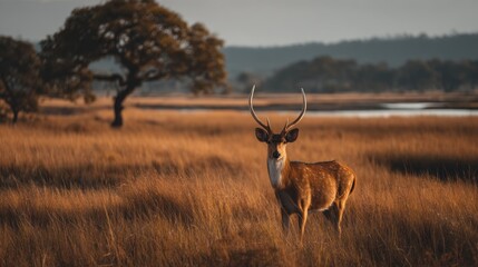 Naklejka premium Elegant Deer in a Golden Meadow, Wildlife Photography in Natural Habitat
