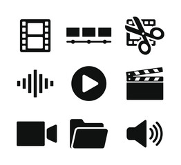 Set of video editing and multimedia icons including film reel, play button, sound wave, clapperboard, audio symbol, video camera, and folder in black silhouette design isolated on white background
