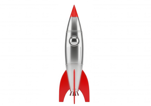 Silver rocket with red accents isolated on a transparent background
