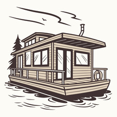 Wooden houseboat with deck and tree on water lake river