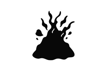 Abstract silhouette of a dark fiery explosion with dynamic flame shapes and scattered embers or sparks against a white background