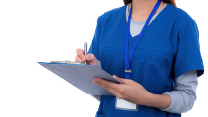 Focused healthcare professional, female nurse in blue scrub uniform, writing on clipboard. This medical worker is documenting patient record in clinic or hospital