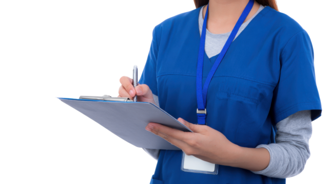 Focused healthcare professional, female nurse in blue scrub uniform, writing on clipboard. This medical worker is documenting patient record in clinic or hospital