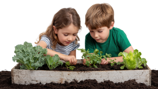 Focused caucasian boy and girl learning about teamwork while planting fresh vegetable and lettuce in garden. happy children enjoy fun outdoor hobby and learn about growth