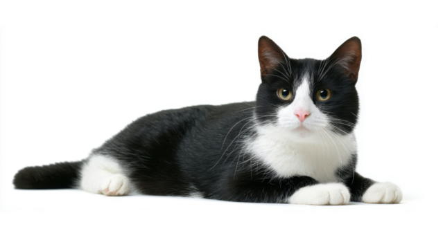 Calm tuxedo cat with black and white fur lying down. cute pet feline with content expression in portrait, isolated on transparency background looking directly at camera