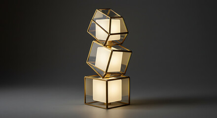 Artistic Stacked Geometric Table Lamp with Tilted Gold and Glass Polyhedrons Housing Glowing Inner Cubes Innovative Contemporary Lighting Design for Modern Home Interior and Luxury Decor Styling Conce