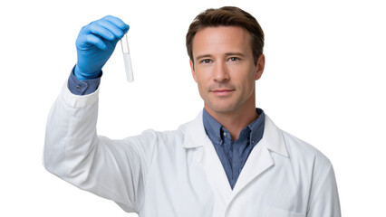Confident professional scientist, caucasian man in white lab coat, holding test tube with sample for research, presenting medical discovery result