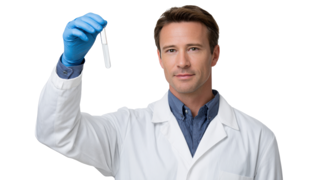 Confident professional scientist, caucasian man in white lab coat, holding test tube with sample for research, presenting medical discovery result - Powered by Adobe