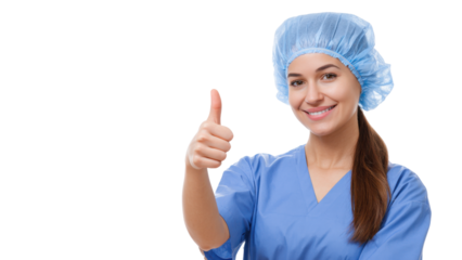 Happy smiling young surgeon woman in blue scrub and cap showing thumbs up. medical healthcare professional with positive gesture of success or approval